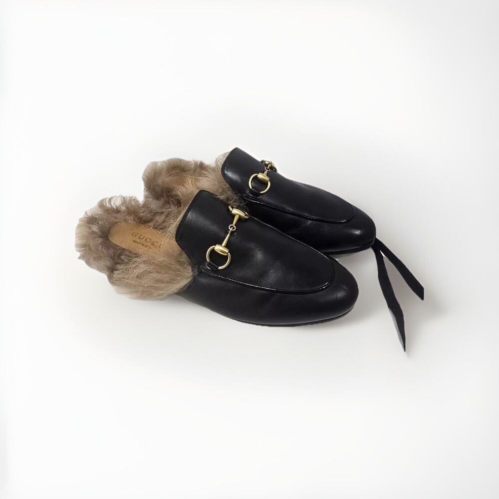Gucci Black Princetown Leather Shoes Fur Loafer Slides Mules 5.5 US 35.5 EU